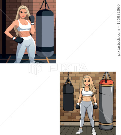 Vsai female boxer posing and training with punching bag in gym 135981060