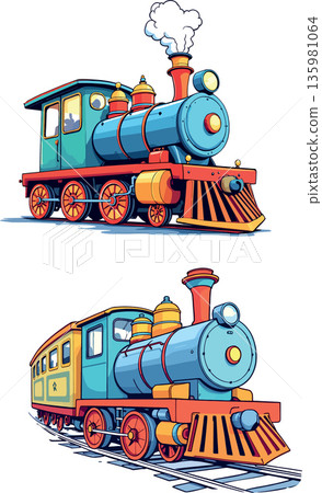 Two colorful cartoon steam trains approaching, isolated on white background 135981064