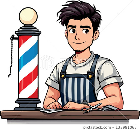 Vsai barber smiling at his barbershop with scissors and comb 135981065