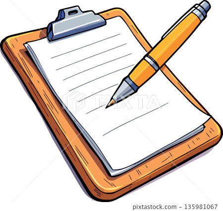 Cartoon pen writing on clipboard with blank paper Cartoon pen writing on clipboard with blank paper 135981067