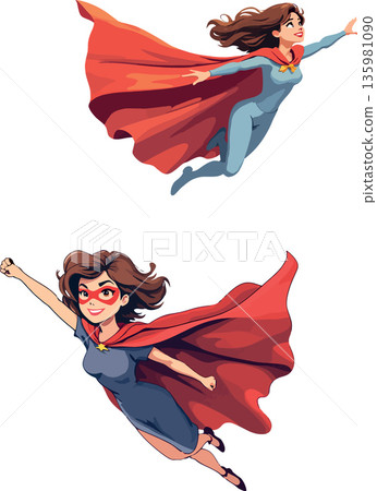Two businesswomen wearing red capes flying like superheroes Two businesswomen wearing red capes flying like superheroes 135981090