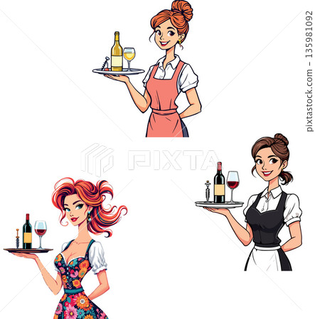 Waitresses holding trays with wine bottles and glasses 135981092