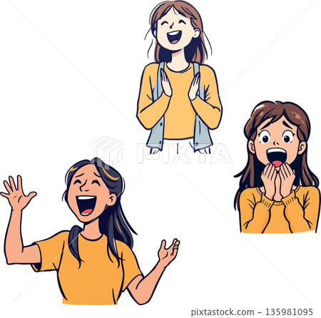 Young women showing different expressions of happiness and excitement Young women showing different expressions of happiness and excitement 135981095