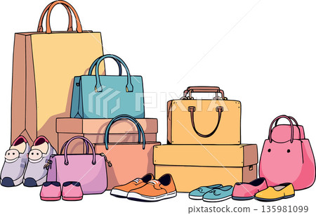 Vsai colorful shopping bags and shoes displayed together Vsai colorful shopping bags and shoes displayed together 135981099