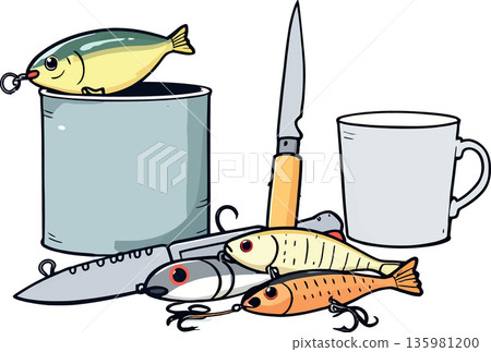 Fishing lures, knife, metal mug, and bait can with fish on top Fishing lures, knife, metal mug, and bait can with fish on top 135981200