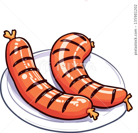 Two grilled sausages lying on white plate cartoon illustration Two grilled sausages lying on white plate cartoon illustration 135981202