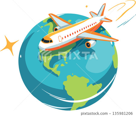 Airplane flying around the world representing international travel and tourism Airplane flying around the world representing international travel and tourism 135981206