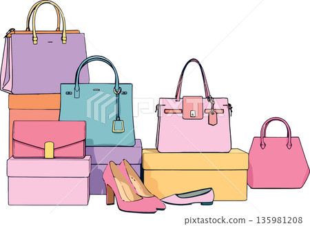 Vsai fashion bags and shoes resting on colorful boxes Vsai fashion bags and shoes resting on colorful boxes 135981208