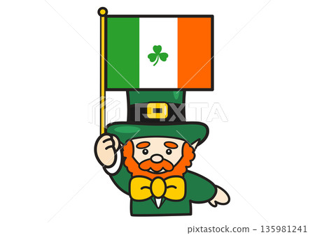 Illustration of a cute leprechaun holding an Irish flag (upper body) (St. Patrick's Day) Illustration of a cute leprechaun holding an Irish flag (upper body) (St. Patrick's Day) 135981241