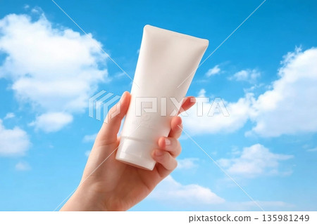 Hand of woman is holding a white plastic tube container for moisturizer or sunscreen on blue sky. Cosmetic bottle for design packaging. Minimal scene for advertising Hand of woman is holding a white plastic tube container for moisturizer or sunscreen on blue sky. Cosmetic bottle for design packaging. Minimal scene for advertising 135981249