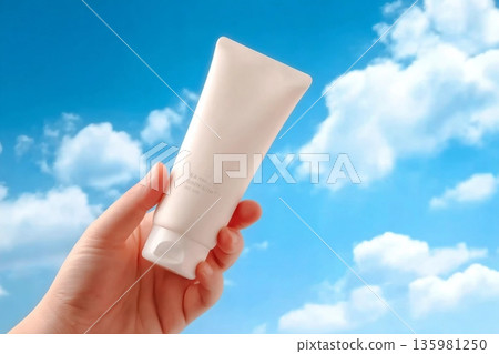 Hand of woman is holding a white plastic tube container for moisturizer or sunscreen on blue sky. Cosmetic bottle for design packaging. Minimal scene for advertising 135981250