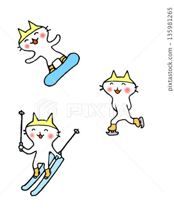可愛的貓咪滑雪、單板滑雪和滑冰的插圖 135981265