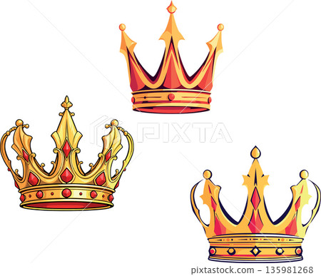 Three golden royal crowns with red jewels representing monarchy Three golden royal crowns with red jewels representing monarchy 135981268