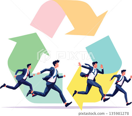 Vsai businessmen running along recycling symbol promoting circular economy 135981278