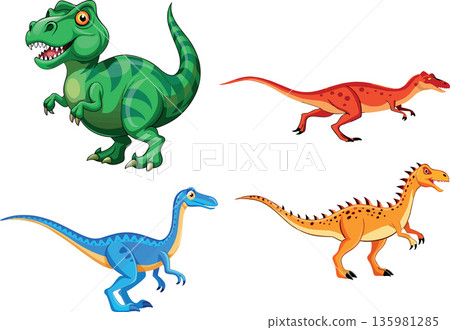 Vsai four cartoon dinosaurs roaring and walking on white background 135981285