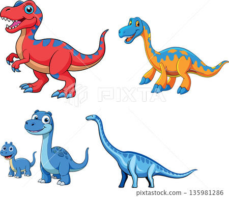 Vsai four cartoon dinosaurs standing and smiling Vsai four cartoon dinosaurs standing and smiling 135981286