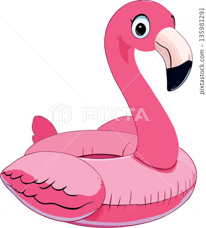 Vsai pink flamingo shaped inflatable swimming ring isolated on white background 135981291