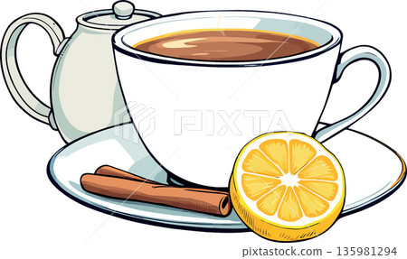Vsai steaming cup of tea with lemon and cinnamon sticks on saucer next to teapot 135981294