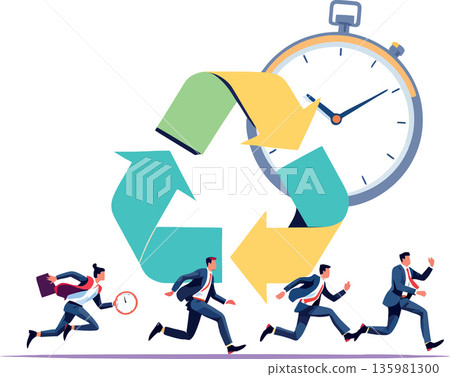 Vsai businesspeople running around recycling symbol and stopwatch, fast recycling process concept 135981300