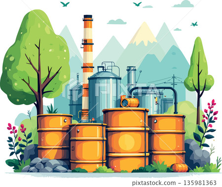 Vsai barrels and tanks polluting beautiful green environment with industrial plant Vsai barrels and tanks polluting beautiful green environment with industrial plant 135981363