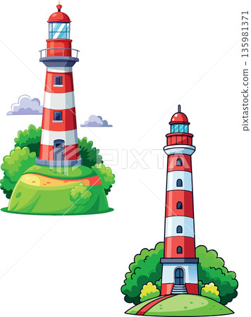 Vsai two cartoon lighthouses guiding ships on green hills Vsai two cartoon lighthouses guiding ships on green hills 135981371