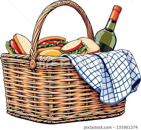 Vsai picnic basket filled with sandwiches and wine 135981374