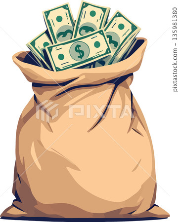 Vsai burlap sack overflowing with us dollar bills representing wealth and savings Vsai burlap sack overflowing with us dollar bills representing wealth and savings 135981380