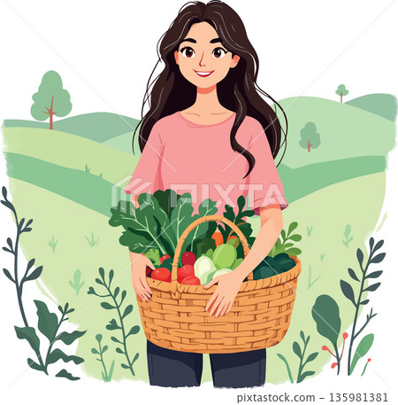 Vsai farmer holding basket full of fresh vegetables in countryside Vsai farmer holding basket full of fresh vegetables in countryside 135981381
