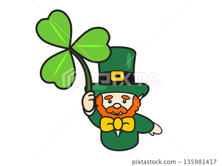 Illustration of a cute leprechaun holding a big clover (upper body) (St. Patrick's Day) Illustration of a cute leprechaun holding a big clover (upper body) (St. Patrick's Day) 135981417