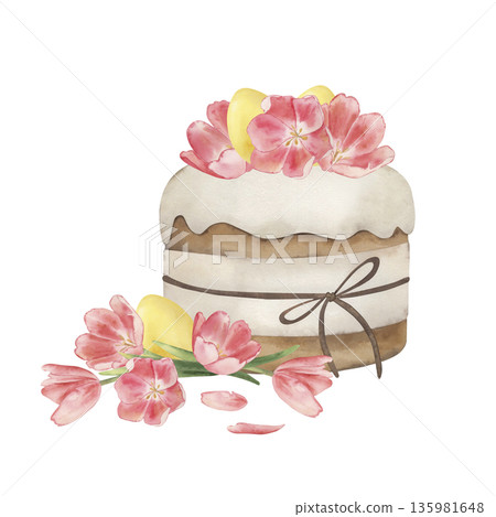 Watercolor Easter cake with white icing, pink tulips and golden eggs. Traditional hand drawn religious holiday bread with spring flowers. Isolated festive pastry illustration for greeting cards Watercolor Easter cake with white icing, pink tulips and golden eggs. Traditional hand drawn religious holiday bread with spring flowers. Isolated festive pastry illustration for greeting cards 135981648