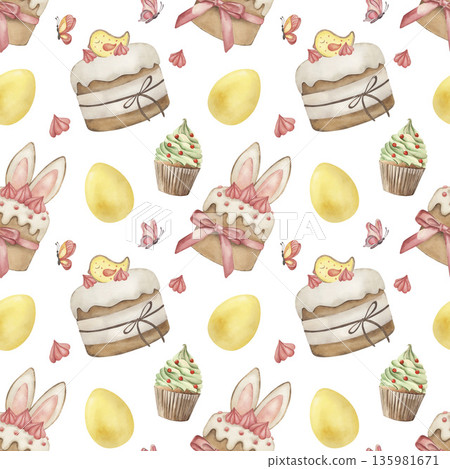 Watercolor seamless pattern with Easter cakes, cupcakes, yellow eggs and butterflies. Hand drawn festive spring background with bunny ears and holiday sweets for wallpaper or textile design and cards Watercolor seamless pattern with Easter cakes, cupcakes, yellow eggs and butterflies. Hand drawn festive spring background with bunny ears and holiday sweets for wallpaper or textile design and cards 135981671
