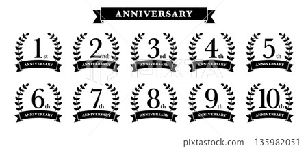 Laurel wreath and ribbon anniversary logo monochrome 1st to 10th set 135982051