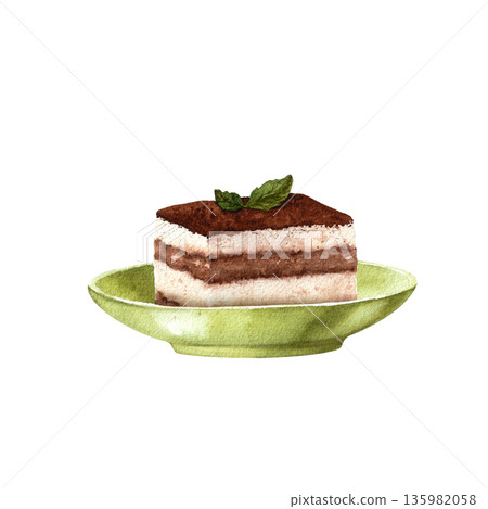 Watercolor illustration of Italian coffee dessert tiramisu on a green plate isolated on a white background for menu design, cafe decoration. 135982058