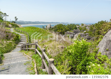 從種崎海岸和田村崎步道台階上欣賞三陸福甲國立公園豐富的自然美景,並飽覽太平洋風景。 從種崎海岸和田村崎步道台階上欣賞三陸福甲國立公園豐富的自然美景,並飽覽太平洋風景。 135982376