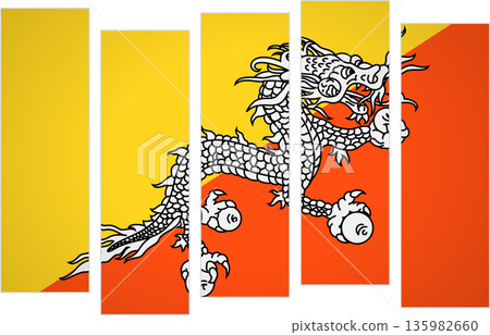 Flag of Bhutan. Flag with a design featuring vertical panels in a modular perspective Flag of Bhutan. Flag with a design featuring vertical panels in a modular perspective 135982660