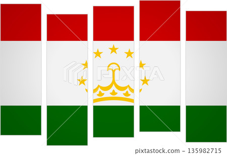 Flag of Tajikistan. Flag with a design featuring vertical panels in a modular perspective Flag of Tajikistan. Flag with a design featuring vertical panels in a modular perspective 135982715