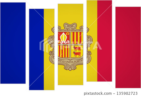 Flag of Andorra. Flag with a design featuring vertical panels in a modular perspective Flag of Andorra. Flag with a design featuring vertical panels in a modular perspective 135982723