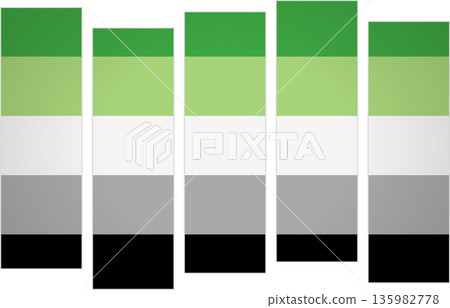 Flag of the Aromantic. LGBTQ. Flag with a design featuring vertical panels in a modular perspective Flag of the Aromantic. LGBTQ. Flag with a design featuring vertical panels in a modular perspective 135982778