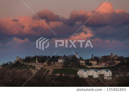 Sunset Landscape with Belgrade and Kalemegdan Fortress 135982893