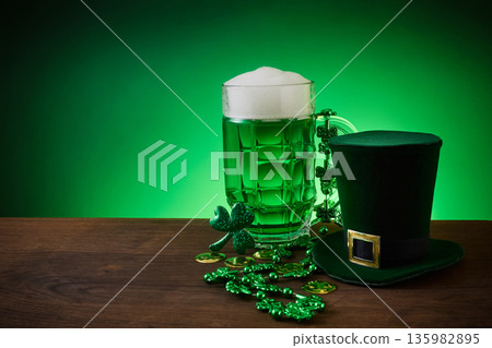 Green beer, leprechaun hat and shamrock for st. Patrick's day celebration 135982895