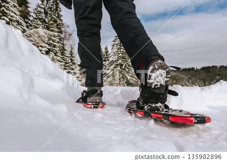 Person Snowshoeing in Snowy Environment on Winter Day 135982896