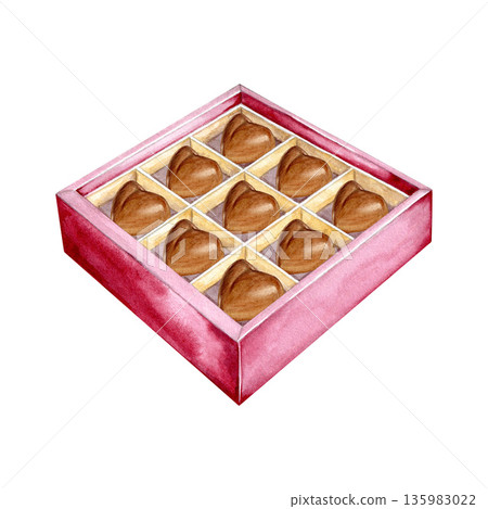 A watercolor illustration of a box of burgundy heart-shaped chocolates. This romantic hand-drawn sweet gift on a white background is perfect for Valentine's Day, weddings, or anniversaries. 135983022