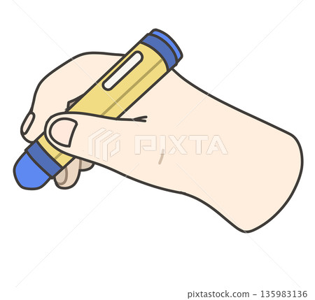 圖：一隻孩子右手拿著一支藍色蠟筆 135983136