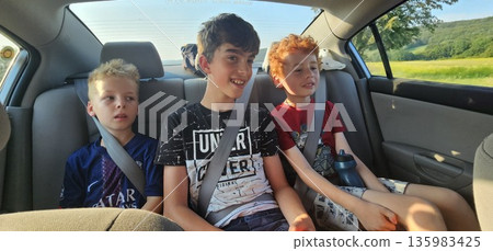 Three young boys sit buckled in the back seat of a car during a sunny countryside drive, smiling and chatting Three young boys sit buckled in the back seat of a car during a sunny countryside drive, smiling and chatting 135983425