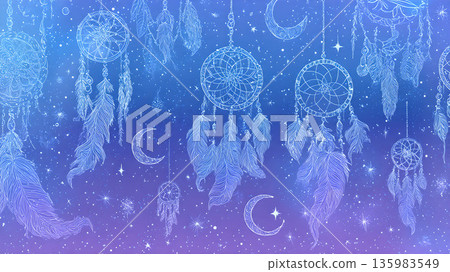 Dreamy background with dreamcatchers, feathers, crescent moons, and stars in shades of blue and purple. Magical and celestial. 135983549