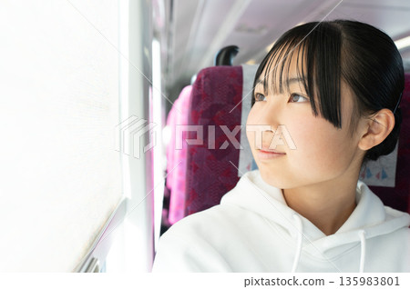 A teenage woman looking out of a train window A teenage woman looking out of a train window 135983801