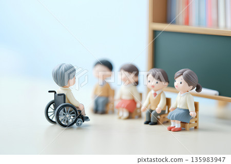 一個坐在輪椅上的男孩和他的同學們在教室裡度過時光（3D） 135983947