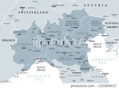 Northern Italy, gray political map of a region in the northern part of Italy. Eight subregions of North Italy with borders, capitals, largest cities, and with the North Italian Lake District. Vector 135984017