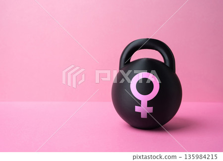 A weight bearing the symbol of the female gender. The weight of women's worries and anxieties, the difficulties of everyday life. Moral burden, social pressure. Women's rights A weight bearing the symbol of the female gender. The weight of women's worries and anxieties, the difficulties of everyday life. Moral burden, social pressure. Women's rights 135984215