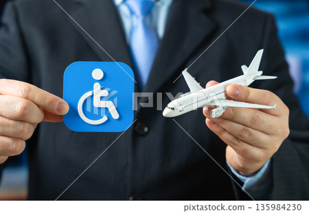 The symbol of a person with a disability and a passenger aircraft. Rules and requirements for transporting physically disabled passengers. Inclusive travel policy, accessibility standards 135984230